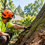 Arborist inspecting the trunk and root zone of a leaning tree