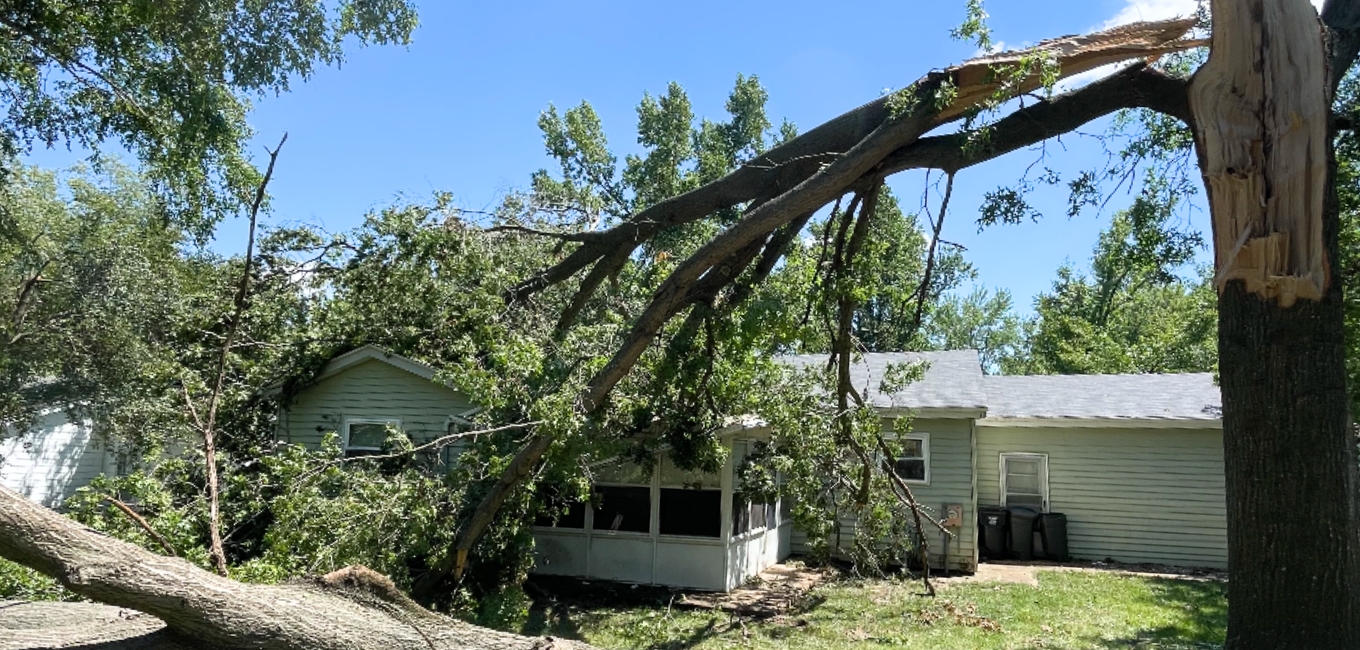 A fallen tree after a storm on a house in O'fallon, MO.