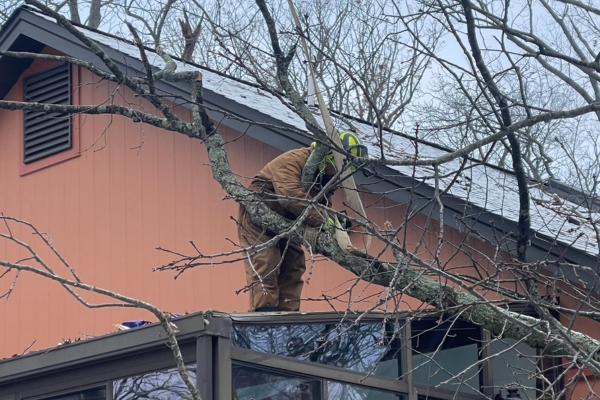 An Arborist tying a fallen tree to a crane on a roof of a house after a snow storm in St. Peters, MO.